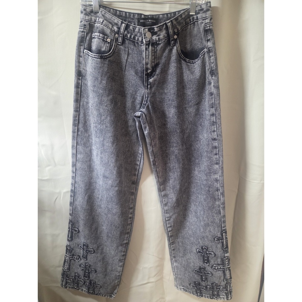 Ashley Mason Premium Womens Cross Embroidered Relaxed Gray Jeans Denim Sz 7/28
